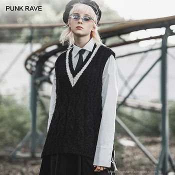 

PUNK RAVE Girl's Grunge Lace-up V-neck Knitted Warm Sweater Vests harajuku Casual Yonth Tank Tops