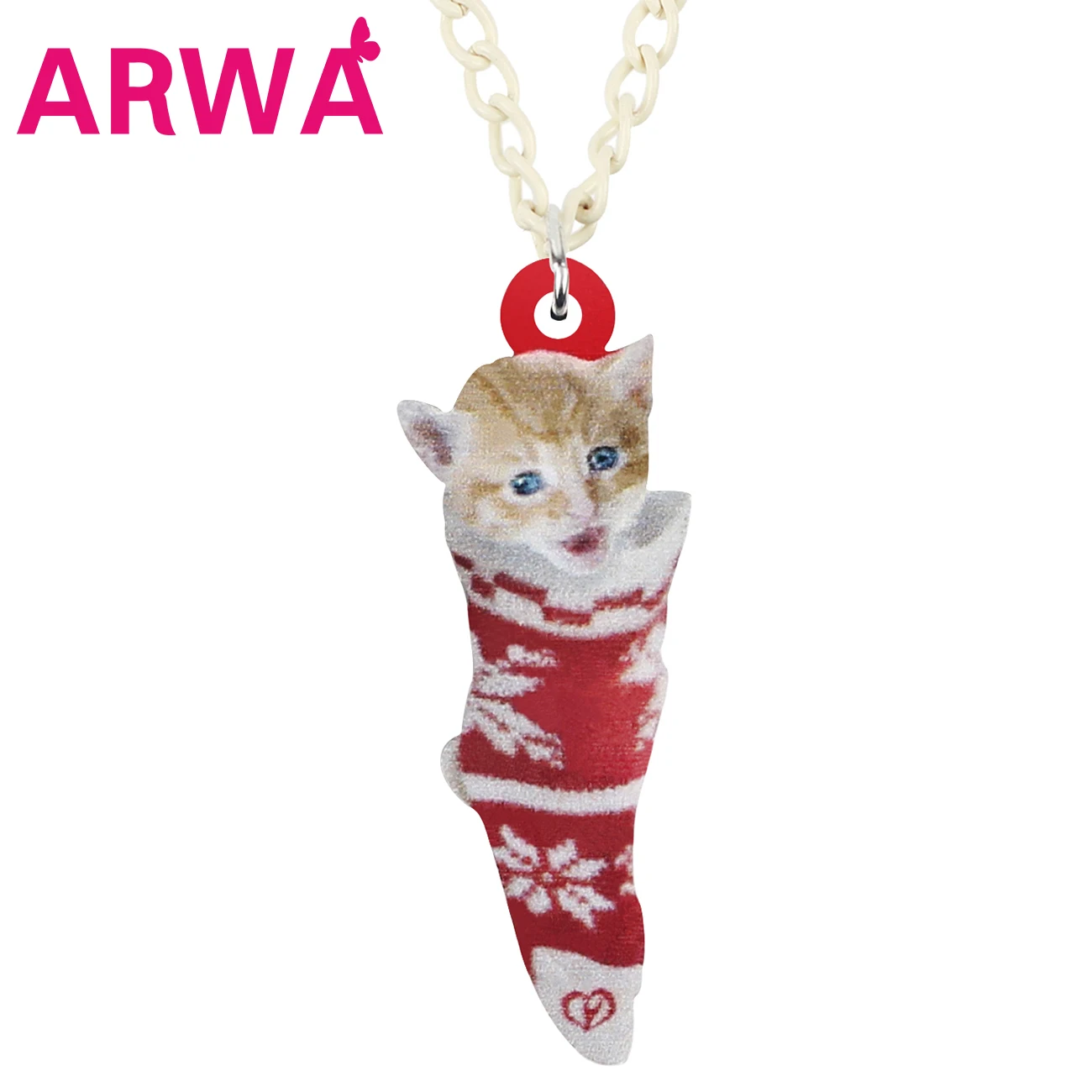 ARWA Acrylic Christmas Sock Short Hair Cat Kitten Necklace Pendant Big Animal Chain Jewelry For Women Girls Teens Kids Gift | Украшения и