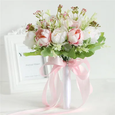 White-Pink Lovegrace Свадебный букет Свадебный держатель для букетов розовый шелковый пион Свадебный букет s для подружек невесты Искусственный Пион Цветы Декор - Цвет: White-Pink