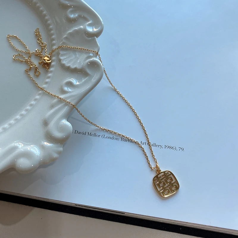Fashion Women Necklace 925 Sterling Silver Jewelry Chinese Double Happiness Hollow Character Quare Card Wedding Necklace - Metal Color: gold
