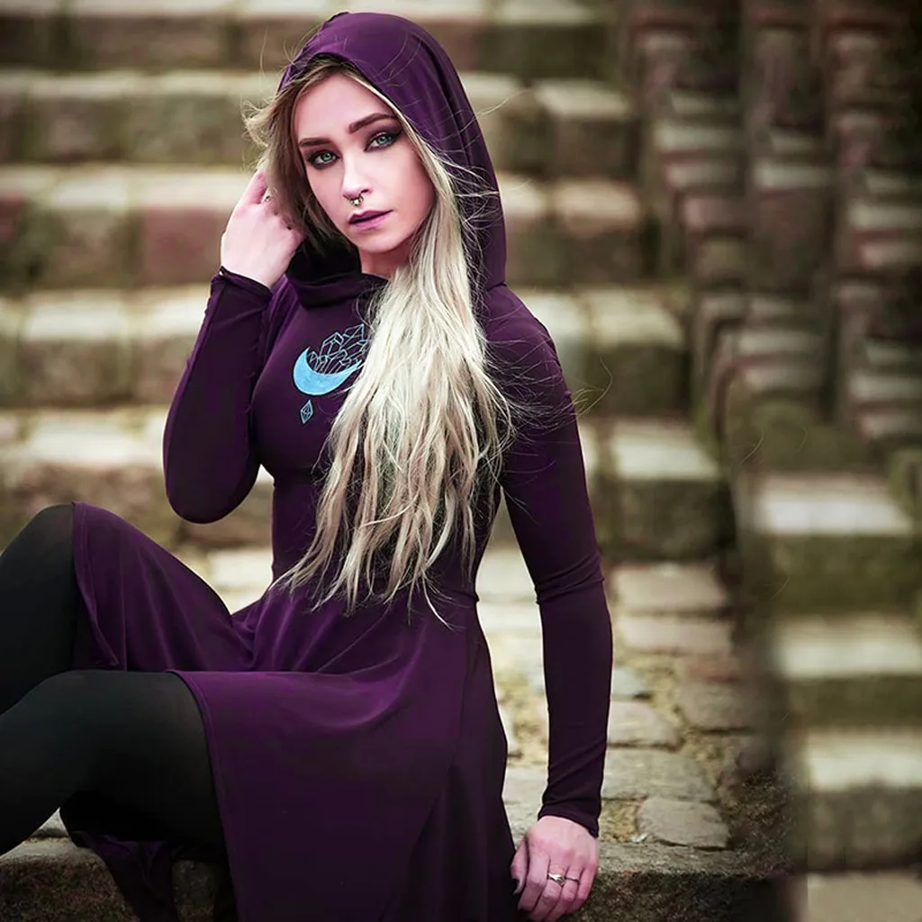 

NEW Girls Dresses Loose Gothic Punk Long Sleeve Women Clothes Hodded Print Fold Dress vestido para las mujeres Decoration Roupas