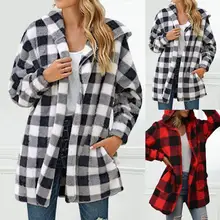 

Attractive Women Coat Easy Match Plush Open Stitch Plaid Women Hooded Jacket for Winter