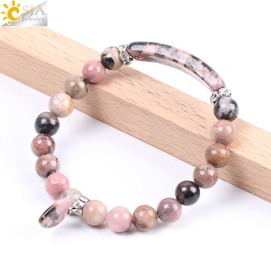 CSJA Natural Gem Stone Bangles Line Rhodonite Love Heart Fitting Healing Beads Bracelets Rectangle Stones for Women Jewelry F104