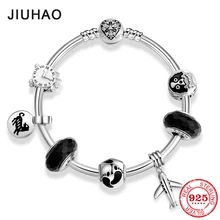 925 пробы, серебряный,, собака, животное, талисманы, Круглый браслет из бисера для женщин, снежинка, сердце, бусины, очаровательный браслет, браслеты, ювелирное изделие