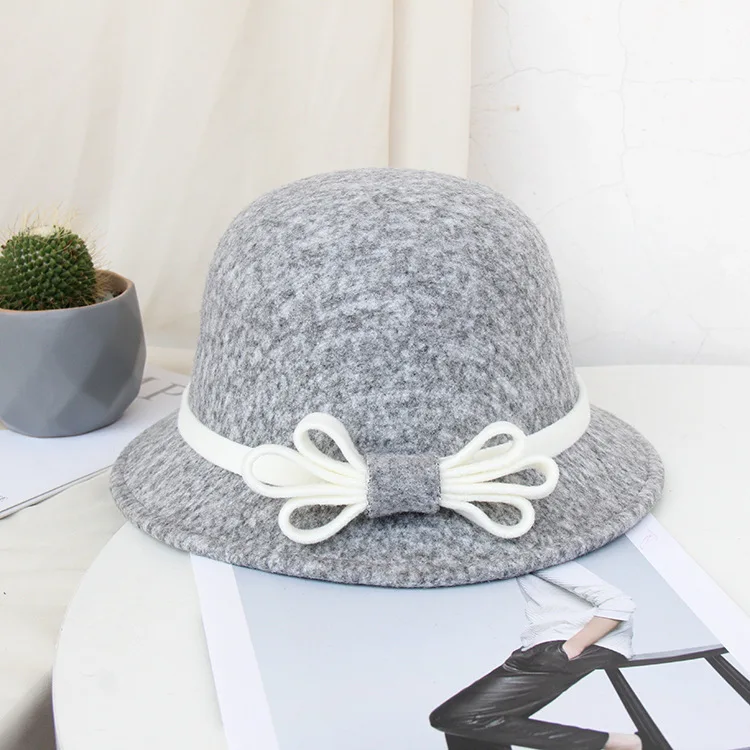 FS Элегантная Женская шляпка, винтажная одноцветная фетровая шляпа с бантом, Ретро стиль, повседневная Кепка с широкими полями, женская шляпа
