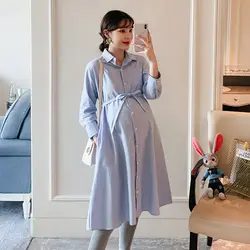 Синяя длинная одежда для беременных, платья, корейские блузки, рубашки для беременных женщин, одежда для беременных, Повседневная