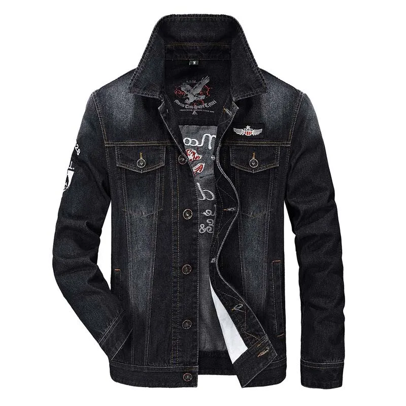 

Tide Style Mens Fashion Jackets Embroidery Denim Jeans Jacket Cotton Thin Bomber Coat Spring Summer Autumn Black Blue