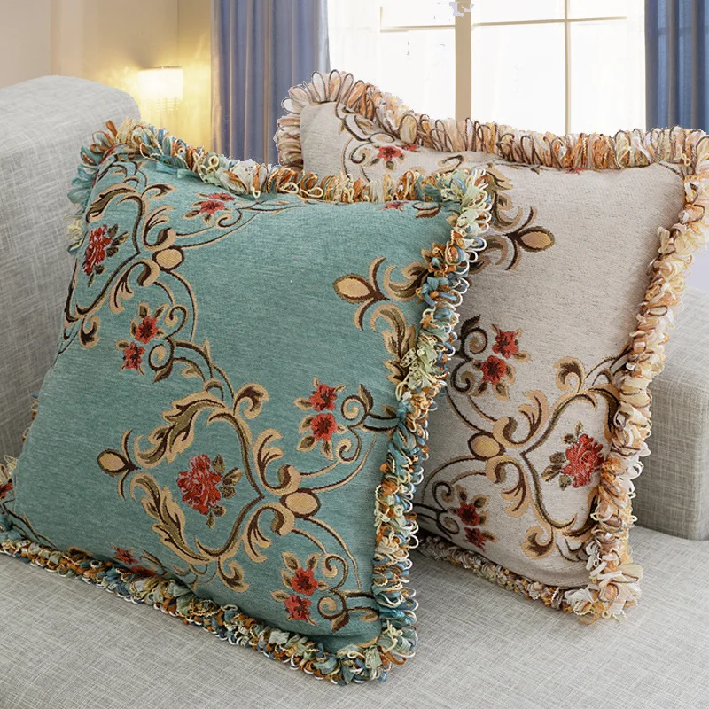 С жаккардовым цветочным узором Чехлы на декоративные подушки наволочка диван льняная наволочка для подушки кисточка бросок наволочка для дивана кровать синий белый