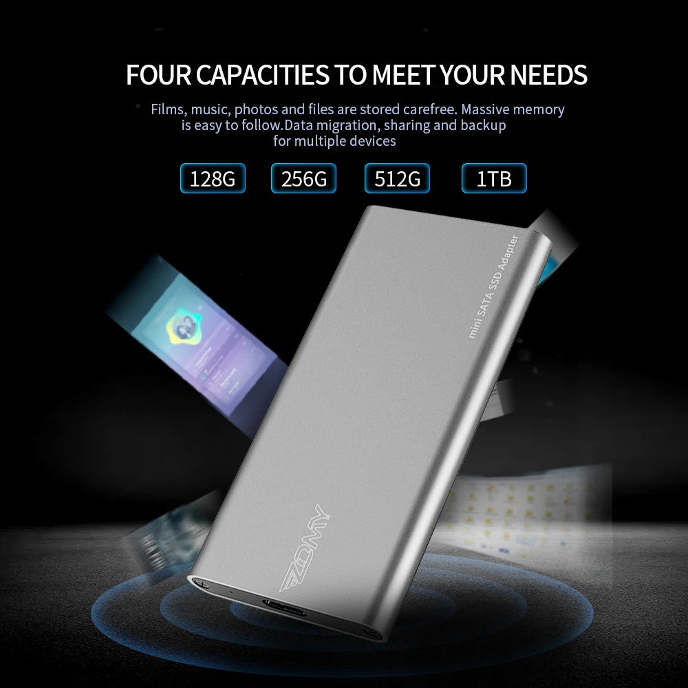 Внешний твердотельный накопитель ZOMY mSATA на USB 3,1, алюминиевый 10 Гбит/с SSD 1 ТБ, портативные жесткие диски 128 ГГц 256 ГГц Type-c для ноутбуков