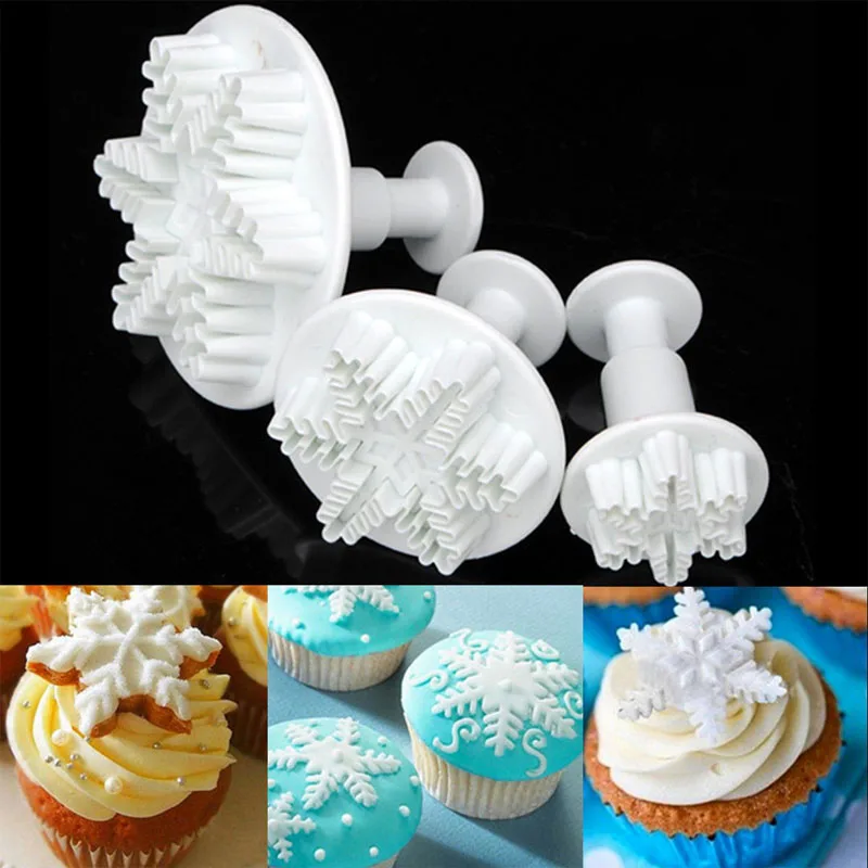 Snowflake Plunger Mold Cake Decorating Tool Biscuit Cookie Cupcake Mould 3pcs Kitchen Accessories Fondant Cutting Pastry Cutter cookie cutter,baking mold,cookie mould,cookie printing mold,fondant cutter,baking decorating tools,cake lace mold