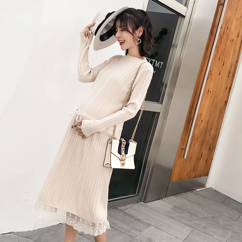 autumn and winter new sweater knit dress lace long sweater Korean fashion pregnant sweater - Цвет: Бежевый