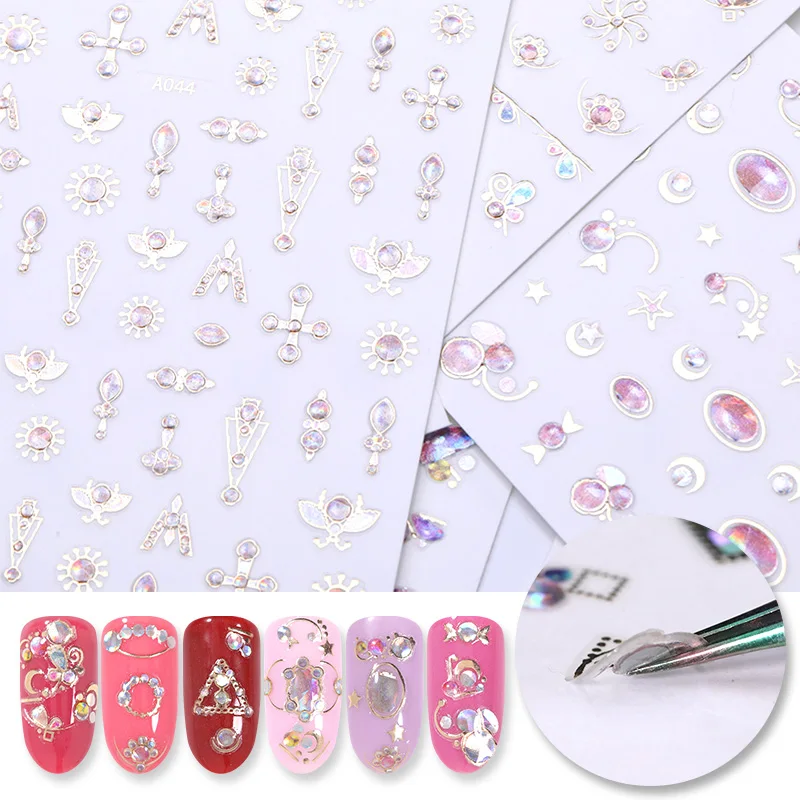  1 Sheet Nail Sticker Flowers Moon Mixed Patterns Colorful Rhinestone Nail Transfer Decals Sticker N