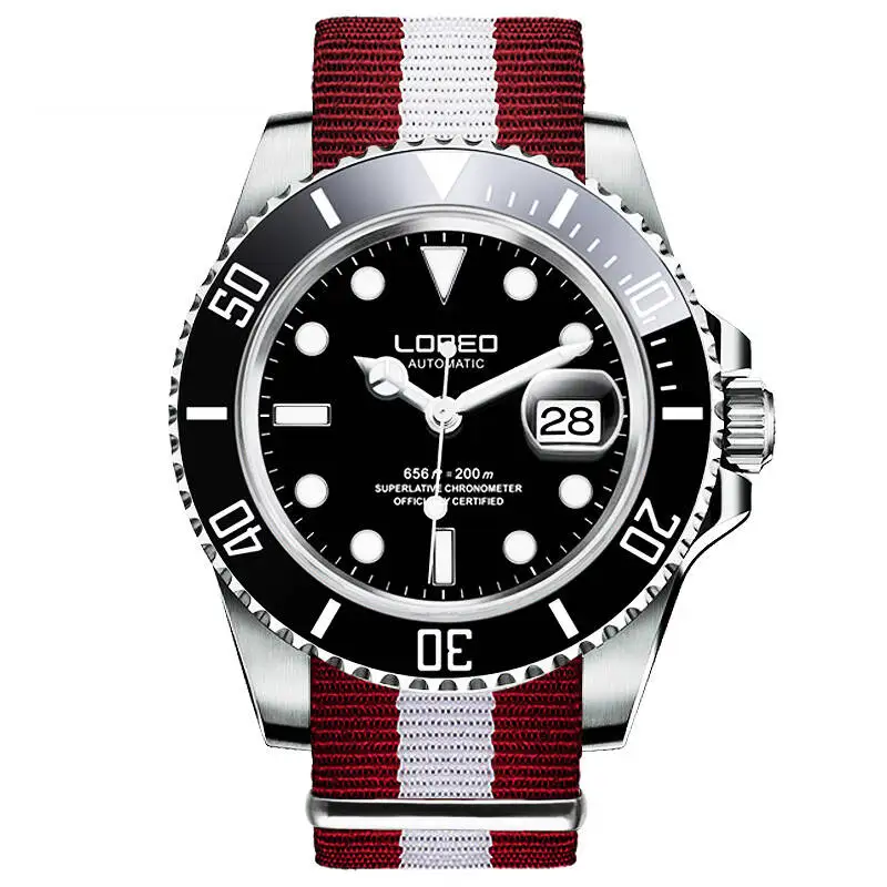 LOREO 9201 немецкие часы diver 200 м oyster perpetual автоматические механические классические сапфировый, светящийся Водонепроницаемый diver часы - Цвет: Brown nylon