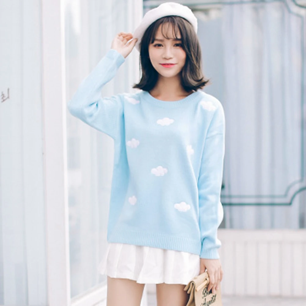 Günstig 2019 neue Blau Frauen Vintage College Lose Wolken Pullover Weibliche herbst pullover Oansatz Langarm Punk winter kleidung