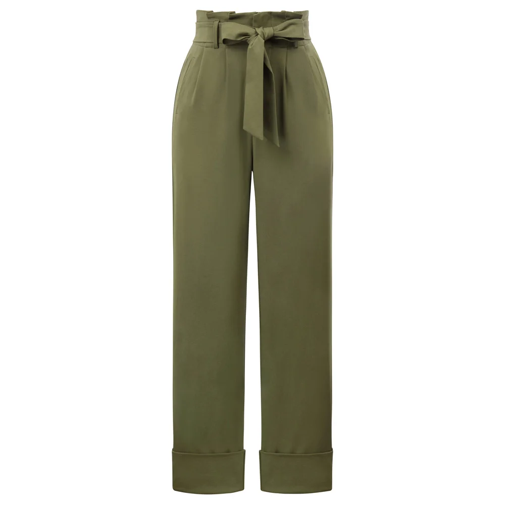 

KK Women's Casual Pants Belt Decorated solid color loose elegant OL lady Roll up Leg Openings Straight Legs work office trousers