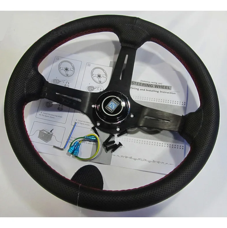 Гоночный 14 дюймов 350 мм кожаный глубокий диск дрифтинг спортивный гоночный руль красная линия черная алюминиевая рама