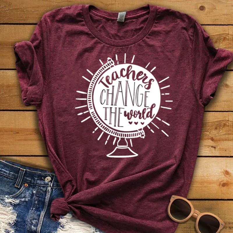 Женская футболка с принтом «учители изменить мир», Забавные футболки с изображением глобуса, повседневные летние топы с коротким рукавом и круглым вырезом, женские футболки - Цвет: Бургундия