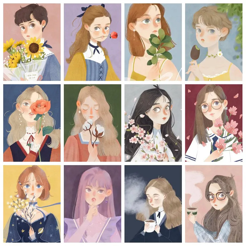 

The Lady Portrait Poster Cartoon Young Girl and Flowers Canvas Printings Wall Art for Room Decor Home Decoration Figure Painting
