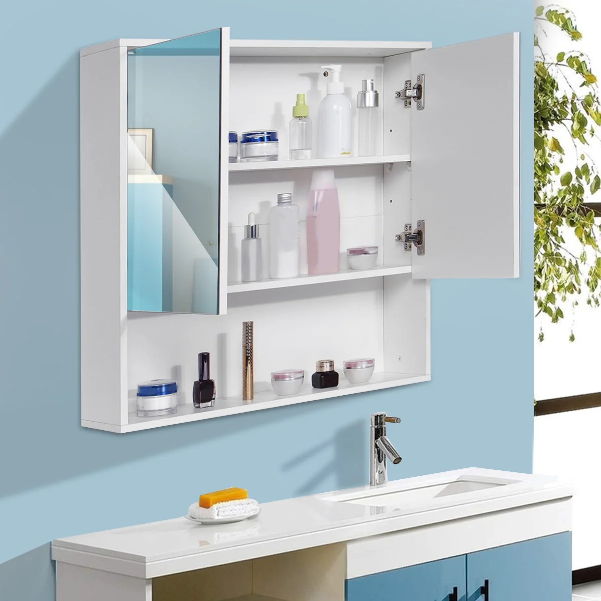 

Bathroom Cabinet 60x60cm Wall Mounted Bathroom Mirror CabinetsToilet Furniture Cupboard Shelf Storager Modern Style UK Stock