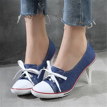 

size 34-41 Pumps Denim High Quality Shallow Mouth Women's Shoes High Heel 8CM Canvas Student Shoes Female New Board Shoes