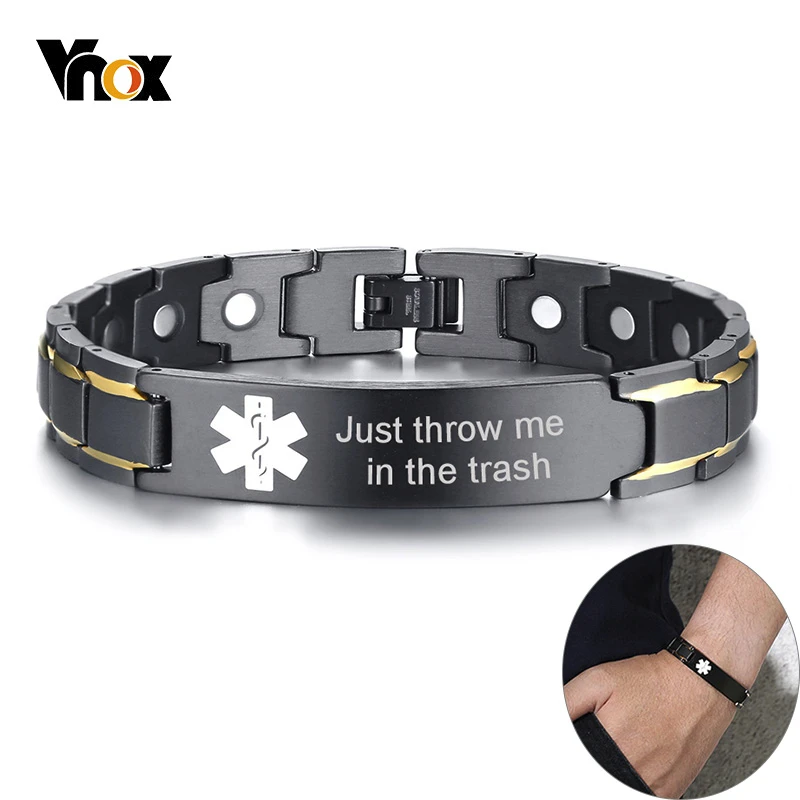 Vnox Men Medical Alert ID Bracelet Black Stainless Steel Pain Relief Emergency Reminder Bangle with tool 1pc high quality bracelet sizer gauge adjustable bangle size measures jewelry making bracelet sizing tools jewelry shop diy tool