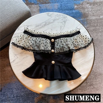 

Womens Short Shirts All Match Retro Off-Shoulder Polka Dot Mesh Ruffle Top Blouse Sweet Crop Top Ladies Blusas