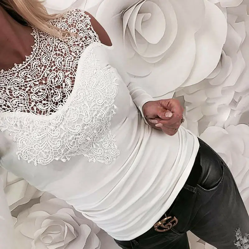 Women Autumn Sexy Solid Lace Cold Shoulder T-shirt Long Sleeve Slim New Fashion Grace Female Tops Hot Sale
