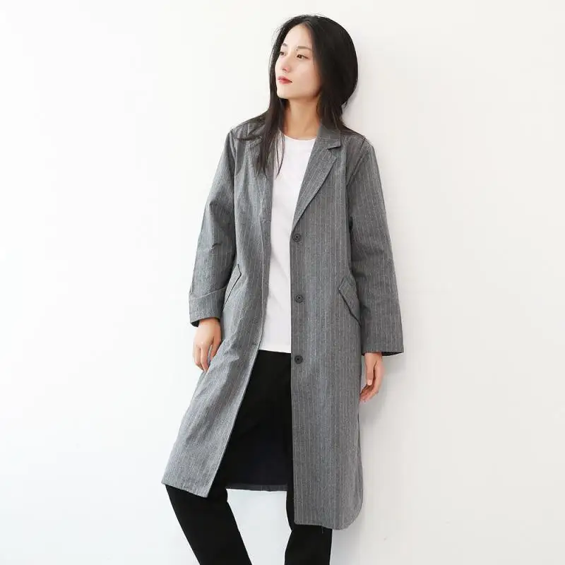 Женское винтажное пальто в полоску Johnature длинное однобортное с карманами и