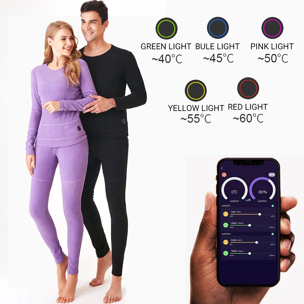Winter Heated Underwear Suit Smart Phone APP Control Temperature USB Battery Powered  Fleece Thermal Motorcycle Jacket NEW