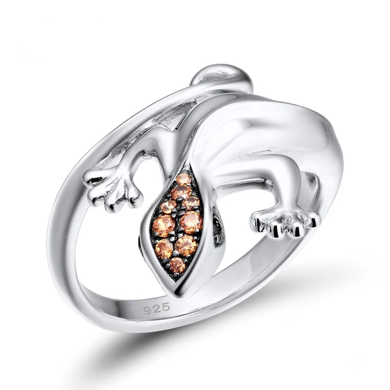 

Trendy Women Rings Champagne Crystal Ring Lizard Gecko Silver Color Banquet Party Jewelry Wedding Engagement Anillos