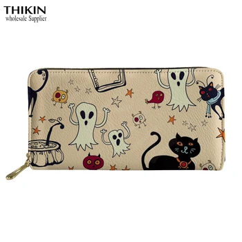 

THIKIN Halloween Wallet Cute Women High Quality Leather Purse Fashion Ladies Girl Durable Long Zipper Purses Holiday Gift Custom