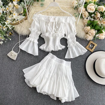 

Women's French Set Two-piece Ruffled Shoulder Flare Sleeve Short Top High Waist Skirt