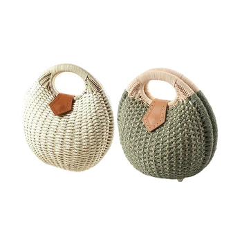 

2Pcs Snail'S Nest Tote Handbag Woman Straw Bags Women'S Handbag Rattan Bag - White & Green