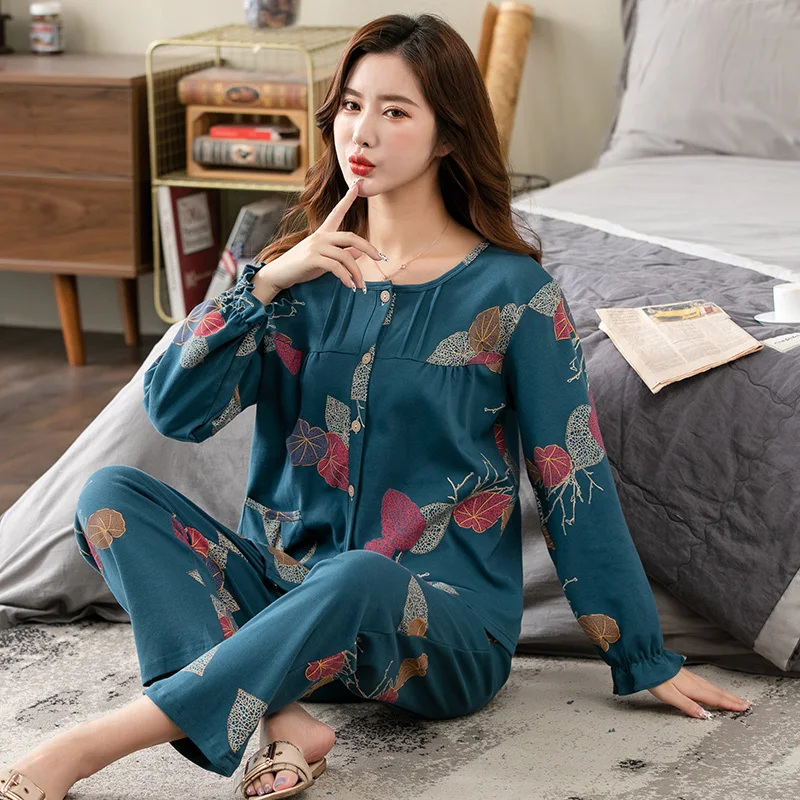 큰 마당 XXXXL 우아한 꽃무늬 여성 긴 소매 잠옷, 봄 가을 코튼 O-넥 카디건, 패션 레이디 홈 가구 수트