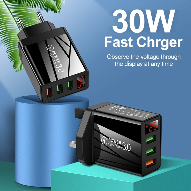 

3 USB Phone Charger Quick Charge QC3.0 Fast Charging LED Display EU/US/US Plug Wall Charger Mobile Phone Charger Travel Pow X6HA