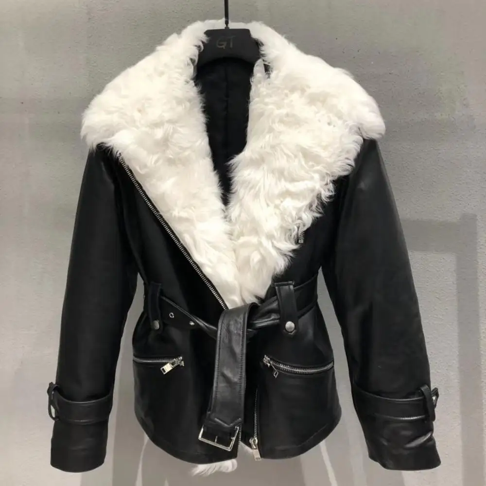 Женская мотоциклетная куртка из натуральной овечьей кожи с воротником из натурального овечьего меха, новинка, модная женская куртка