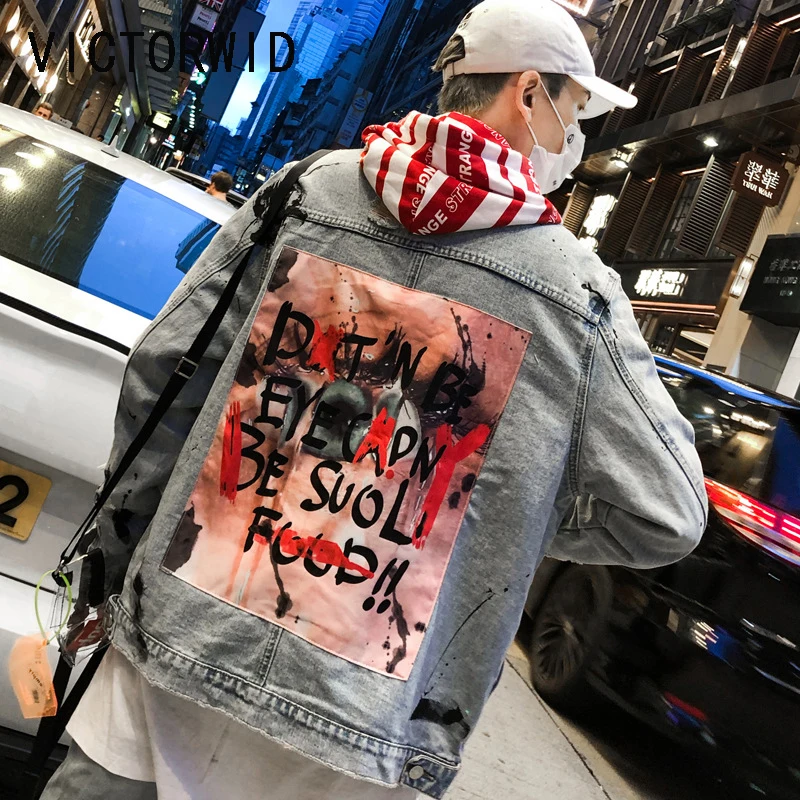 

VICTORWID 2020 men's denim graffiti pattern casual punk rock denim hip-hop style trendy style