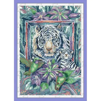 

Tiger mother and child cross stitch kit, animal tiger, 14ct 11ct count print canvas cross stitch kit, embroidery DIY, needlework