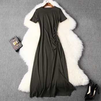 

Cotton Dress Summer Women 2020 New Solid Color Simple Round Neck Short Sleeved Pleated Slim A-Line Split Casual Dresses Midi