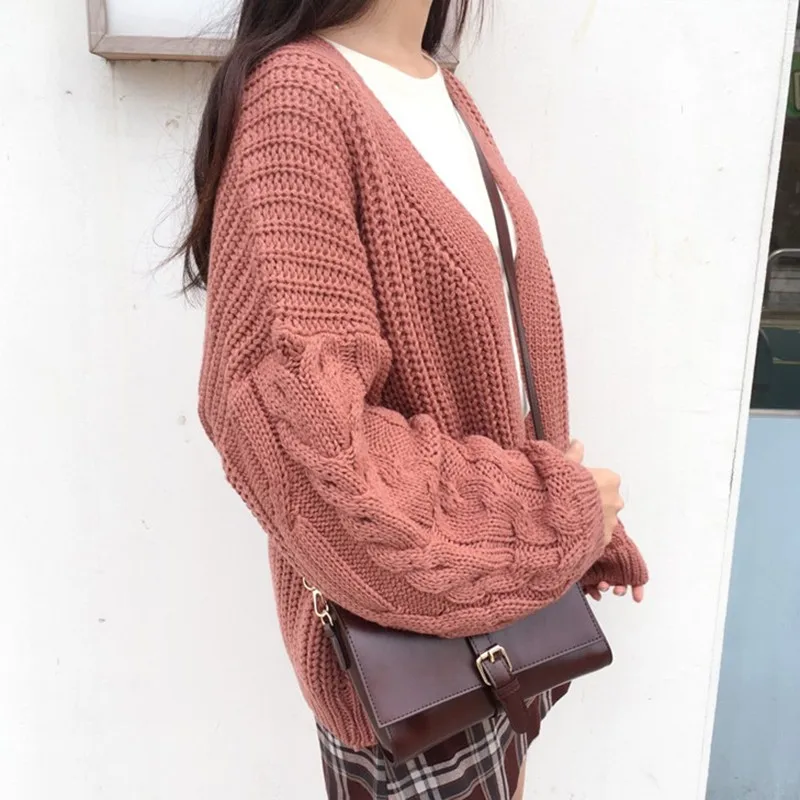 Women Autumn&Winter Casual Sweater Cardigan Solid Color Vintage Lantern Sleeve Round Neck Loose Cardigan Warm Knitted Sweater Co