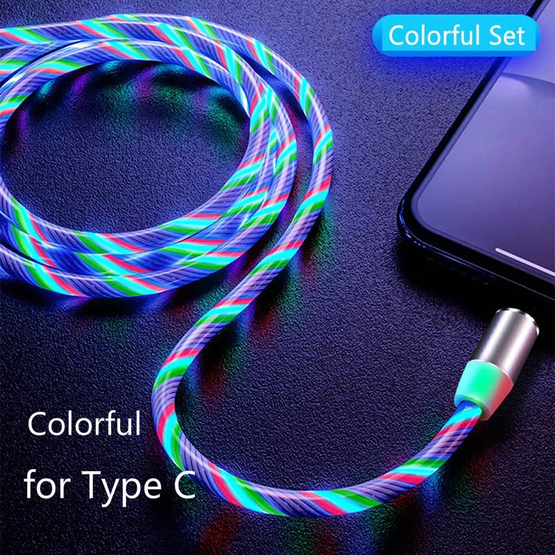 LED Lighting Magnetic USB Cable Flow Luminous Phone Cable for iPhone Type C Micro Data Wire for Apple Samaung Huawei Micro Kable - Цвет: Colorful for Type C