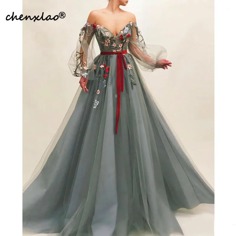 

Gray Muslim Evening Dress 2019 Off Shoulder Embroidery Tulle Islamic Dubai Kaftan Saudi Arabic Long Sleeves Evening Gown Prom