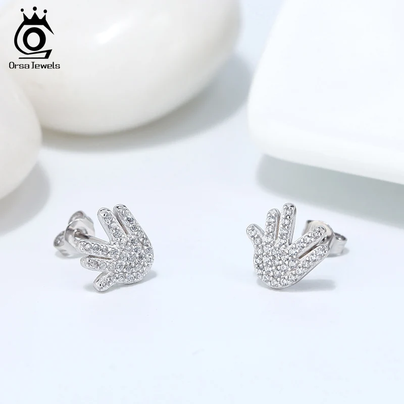 

ORSA JEWELS Real 925 Sterling Silver Stud Earrings With Gesture Shape Earring AAAA Zircon For Women Jewelry Party Gift OSE214