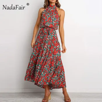 

Nadafair Halter Print Floral Boho Summer Dress Off Shoulder Sashes A-Line Midi Dresses Red Loose Beach Holiday Dress Women