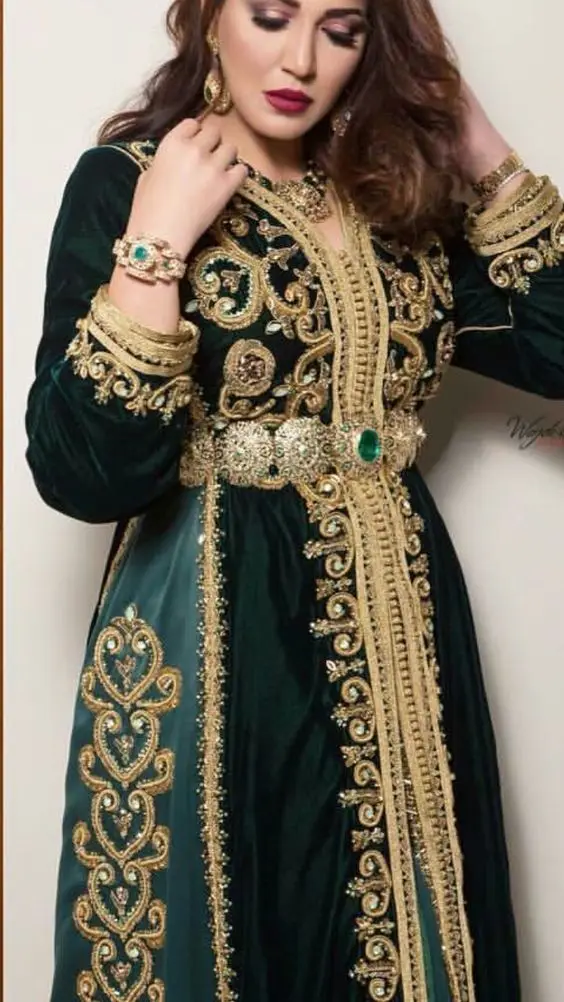 Caftan халаты Marocaines Париж Длинные платья для выпускного бала рукав Дубай бруксельные Marocain де люкс темно-зеленый бархат золото кружево вечернее платье