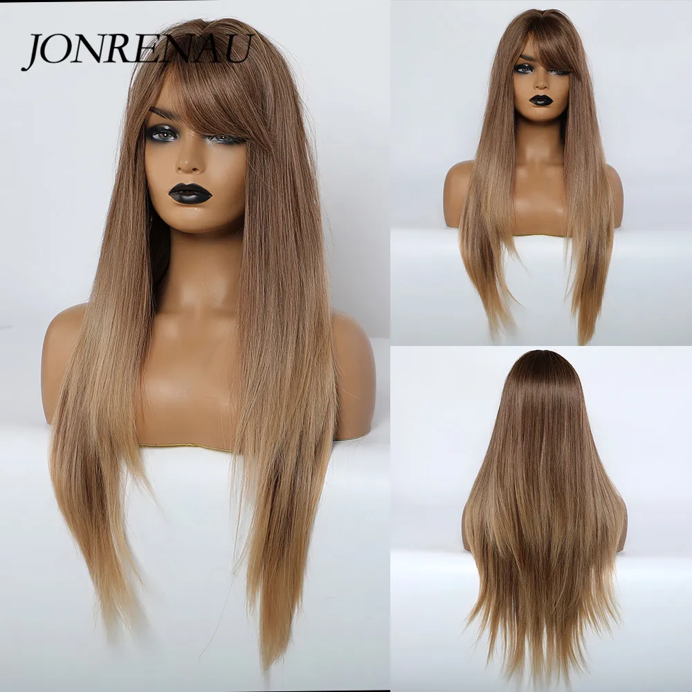 

Jonrenau Long Straight Wigs with Side Bangs Dark Root Ombre Brown Synthetic Wigs for Black Women Daily Natural Cosplay Wigs