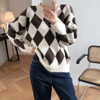 

HLHPYHB Autumn Winter Female Mohair Lazy Jumper Sweater Rhombus Plaid Thicken Knitwear Outwear Female Batwing Knitting Pullover