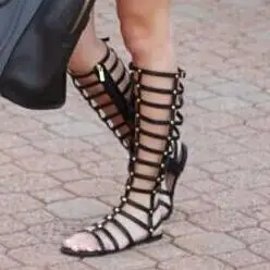 

Summer New Girls Black Beige Gold Gladiator Cuts Out Knee High Sandals Boots Woman Casual Zipper Buckle Rivets Flat Long Boots