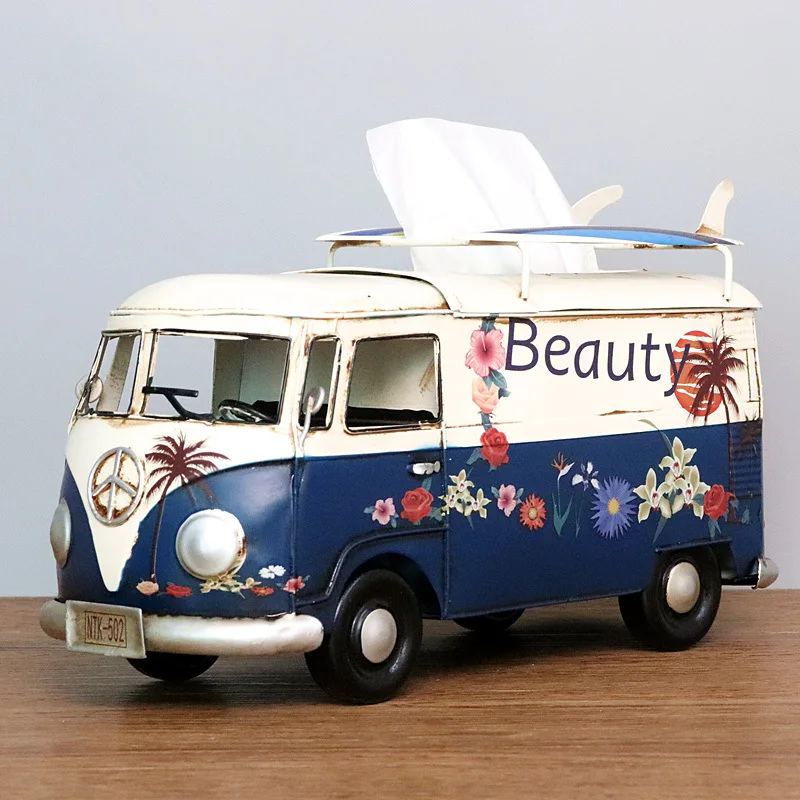 

Flower Retro Iron Bus Tissue Box Model Figurines Car Craft Home Decoration Accessories for Living Room Ornaments for Home Decor