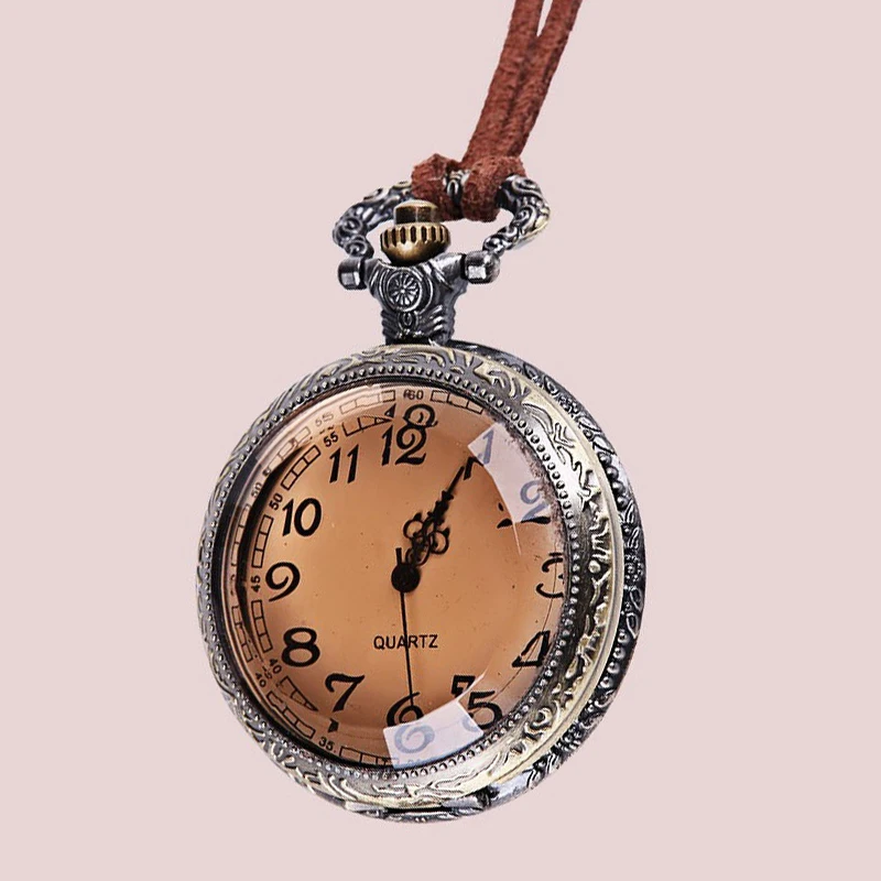 

Quartz pocket watch red vintage leather chain vintage pocket watch transparent russet dial bronze case quartz elegant gift watch